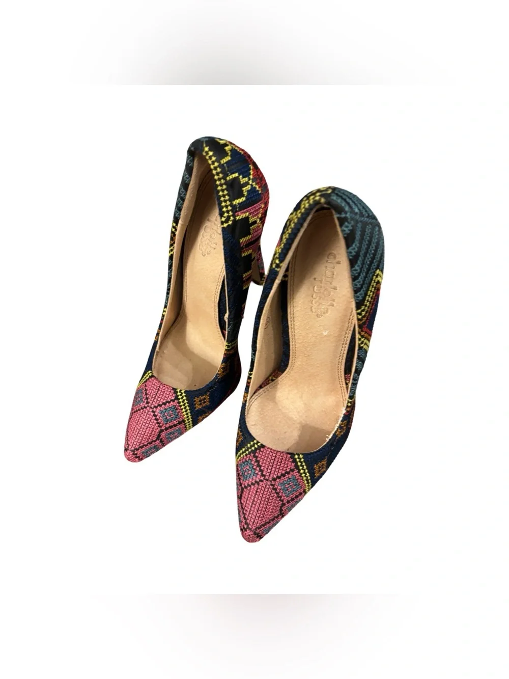 Multi-Color Aztec Artsy Patterned Fabric Tapestry Pointed Toe High Heels Sz 6.5